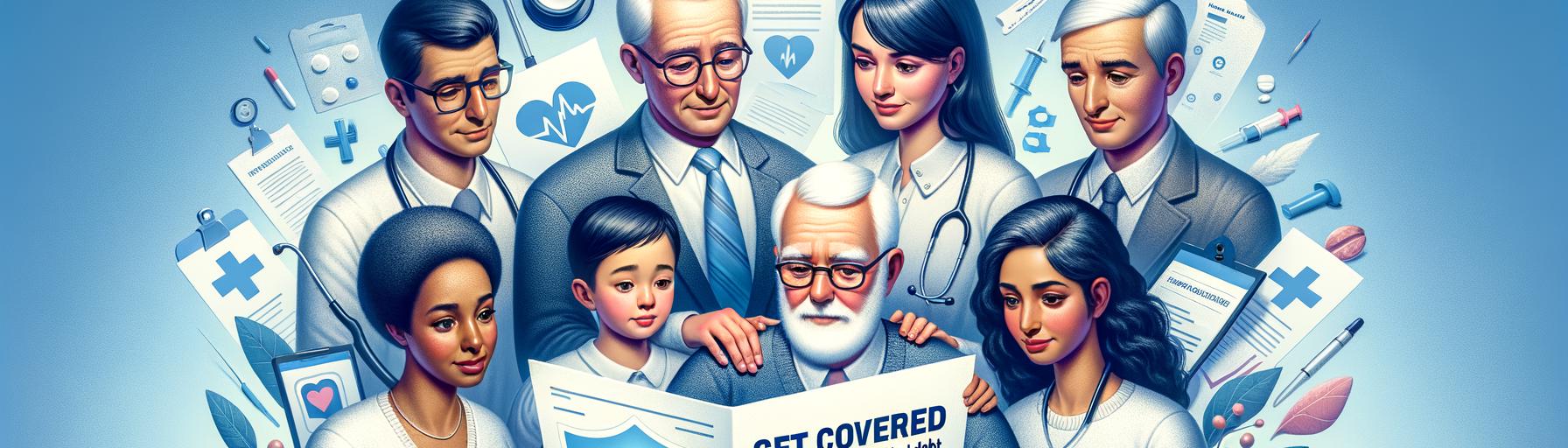 Banner image showing a diverse group of people reviewing health insurance documents with medical icons, symbolizing protectio