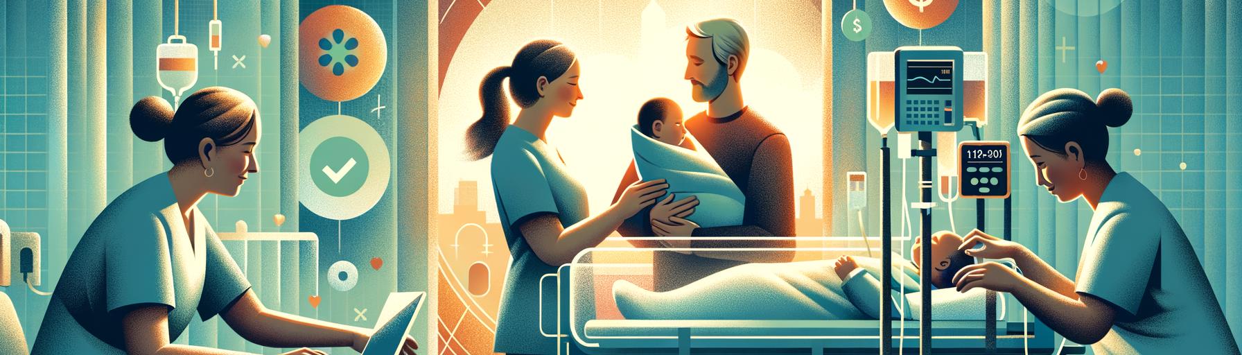 Parents and medical staff in a NICU providing care and support while managing hospital bills, with symbols of financial relie