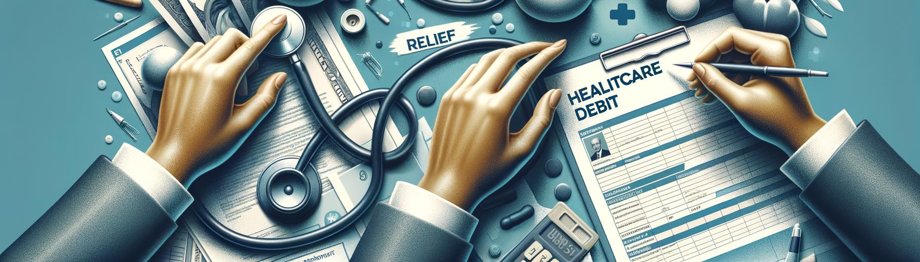 Banner image depicting healthcare debt relief through symbols of healthcare, financial stability, and hope, aligned with the