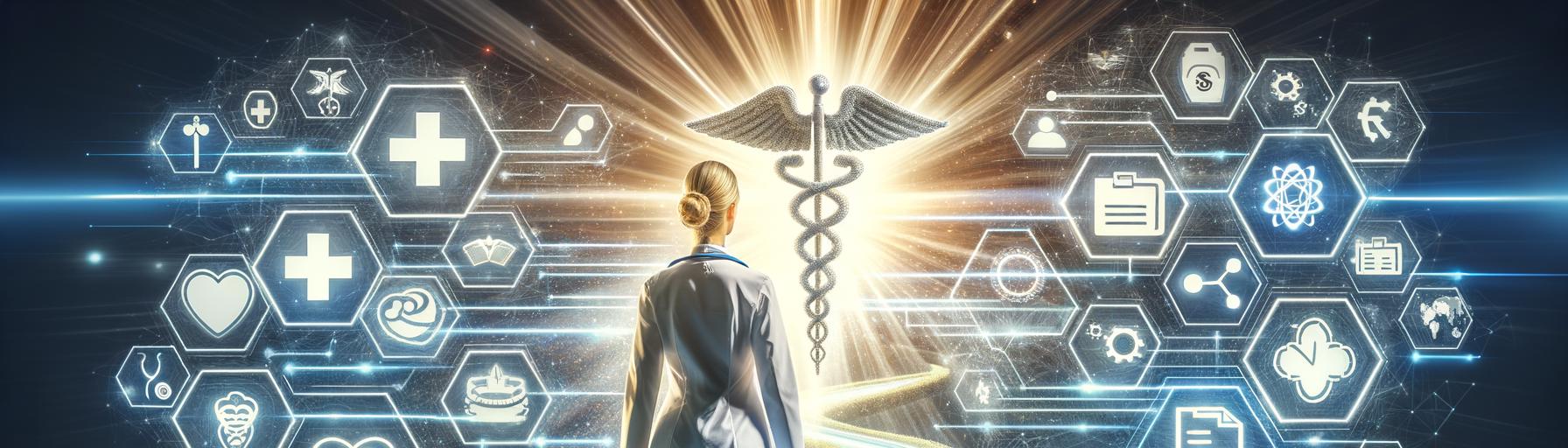 Healthcare professional navigating a maze with medical symbols and technology icons, representing efficient resolution of ERI